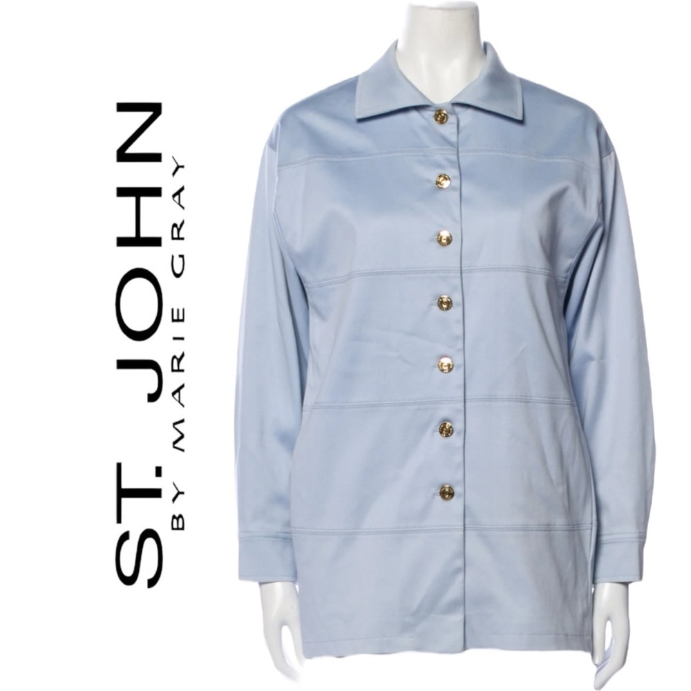 St John Vintage Oversize Lt Blue Barn Jacket Stretch Cotton Logo Button Sz Small
